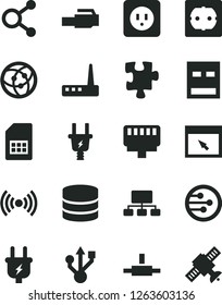 Solid Black Vector Icon Set - Puzzle vector, power socket type b, f, plug, electric, SIM card, connections, scheme, usb, router, network, browser, connect, lan connector, wireless, big data