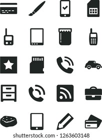 Solid Black Vector Icon Set - tassel vector, bank card, rss feed, toy phone, nightstand, call, piece of meat, jam, retro car, SIM, portfolio, pencil, mobile, tablet pc, sd, star, registration
