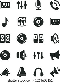 Solid Black Vector Icon Set - bell vector, desktop microphone, horn, silent mode, drum, CD, no sound, phone call, megaphone, pc card, headphones, speaker, note, settings, loudspeaker