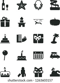 Solid Black Vector Icon Set - cake vector, birthday, gift, torte, Chupa Chups, pumpkin, wall calendar, giftbox, sand castle, wine, car baggage, passenger, hotel, beach, palm tree, hawaii wreath