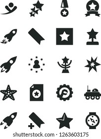Solid Black Vector Icon Set - add bookmark vector, star gear, rocket, space, lunar rover, bang, cup, reward, medal, ribbon, certificate, stars around man, three, flying, starfish, compass
