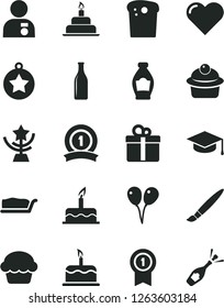 Solid Black Vector Icon Set - tassel vector, colored air balloons, cake, birthday, heart, gift, square academic hat, Easter, muffin, slice, bottle, Glass, star cup, man with medal, pennant, ribbon