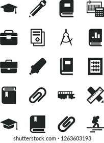 Solid Black Vector Icon Set - clip vector, briefcase, graphite pencil, book, new abacus, e, portfolio, writing accessories, calculation, square academic hat, scribed compasses, text highlighter, bus