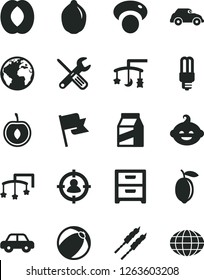 Solid Black Vector Icon Set - sign of the planet vector, toys over cradle, cot, baby bath ball, motor vehicle, funny hairdo, small tools, flag, nightstand, package, barbecue, half peach, cherry