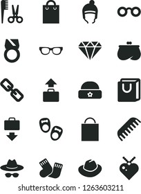 Solid Black Vector Icon Set - paper bag vector, spectacles, hat, with glasses, accessories for a hairstyle, comb, warm socks, shoes little children, winter, handles, purse, diamond, gold ring