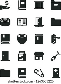Solid Black Vector Icon Set - folder vector, book, open pin, e, window frame, door knob, ntrance, package, canned goods, half of coconut, kiosk, get a wage, exit, champagne, medical room