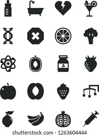 Solid Black Vector Icon Set - mark of injury vector, toys over the cot, feeding bottle, bath, broken heart, cocktail, jar jam, strawberry, apple, half pomegranate, quince, delicious plum, peach, dna