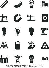 Solid Black Vector Icon Set - matte light bulb vector, drill, ladder, banana, charge level, oil derrick, battery, hydroelectric station, power pole, tower crane, horseshoe magnet, memory, nuclear