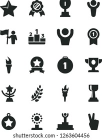 Solid Black Vector Icon Set - star vector, pedestal, flame torch, winner, laurel branch, podium, prize, award, cup, gold, medal, man hold flag, first place, with pennant, ribbon, hands up