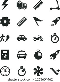 Solid Black Vector Icon Set - truck lorry vector, lightning, stopwatch, wind direction indicator, motor vehicle, child Kick scooter, dangers, timer, car, delivery, marine propeller, rocket, space