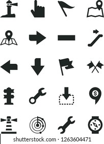 Solid Black Vector Icon Set - downward direction vector, right, left, wind indicator, minus, index finger, map, flag, move down, lighthouse, coastal, repair, radar, cross flags, dollar pin, signpost