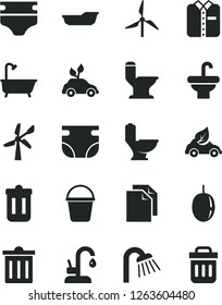 Solid Black Vector Icon Set - bin vector, clean paper, diaper, nappy, bath, bucket, washbasin, toilet, comfortable, shower, kitchen faucet, folded shirt, passion fruit, windmill, wind energy, trash