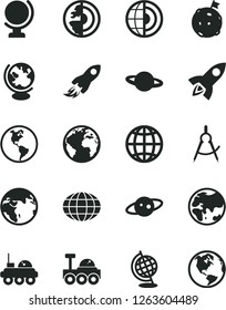 Solid Black Vector Icon Set - sign of the planet vector, globe, earth, scribed compasses, space rocket, core, saturn, lunar rover, flag on moon
