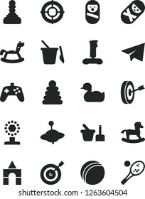 Solid Black Vector Icon Set - paper airplane vector, rubber duck, bath ball, stacking rings, roly poly doll, tumbler, toy sand set, children's, yule, rocking horse, small, box of bricks, joystick