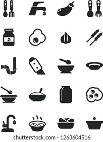 Solid Black Vector Icon Set - deep plate with a spoon vector, plates and spoons, plastic fork, iron, siphon, knife, faucet mixer, kitchen, bowl of rice porridge, in saucepan, lettuce, barbecue, pan