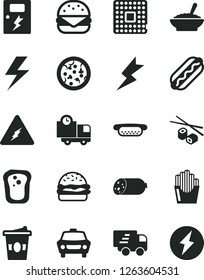 Solid Black Vector Icon Set - lightning vector, dangers, car, delivery, sausage, pizza, Hot Dog, mini, big burger, a bowl of buckwheat porridge, fried potato slices, Chinese chopsticks, coffe to go