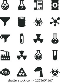 Solid Black Vector Icon Set - round flask vector, manufacture, oil, barrel, industrial building, radiation, carbon dyoxide, filter, water, research article, test tube, molecule, nuclear, biohazard