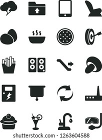 Solid Black Vector Icon Set - renewal vector, upload folder, car child seat, dangers, kitchen faucet, storm cloud, eggs, porcini, muffin, hot porridge, French fries, half of passion fruit, tablet pc