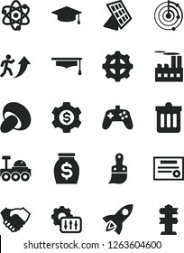 Solid Black Vector Icon Set - plastic brush vector, dust bin, porcini, industrial building, gear, hand shake, money, joystick, settings, atom, graduate hat, radar, sun panel, lunar rover, patente
