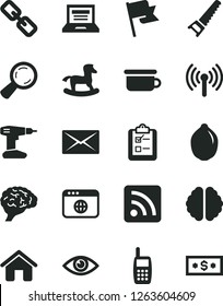 Solid Black Vector Icon Set - laptop vector, spectacles, rss feed, children's potty, small rocking horse, house, drill, hand saw, eye, flag, survey, lime, magnifier, mobile phone, browser, wireless
