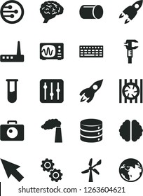Solid Black Vector Icon Set - camera vector, big data, regulator, wind energy, manufacture, pipe, caliper, rocket, radiator fan, keyboard, router, network, cursor, test tube, brain, gears, earth