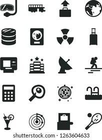 Solid Black Vector Icon Set - column of coins vector, calculator, nuclear, artifical insimination, radar, satellite antenna, earth, bus, backpacker, rolling suitcase, baggage scanner, passport, atm