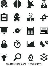 Solid Black Vector Icon Set - flask vector, zoom, dna, bulb, brain, bactery, flame, scientist, clipboard, calculator, growth graph, medal, robot, satellite antenna, saturn, presentation board