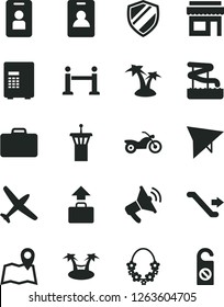 Solid Black Vector Icon Set - plane vector, hang glider, motorcycle, airport tower, escalator, rope barrier, identity card, suitcase, baggage, palm tree, hawaii wreath, aquapark, map, access, safe
