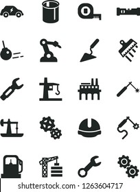 Solid Black Vector Icon Set - tower crane vector, building trowel, measuring tape, construction level, helmet, spatula, core, oil derrick, gas station, industrial enterprise, gears, pipes, welding