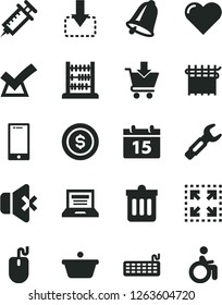 Solid Black Vector Icon Set - laptop vector, abacus, bell, calendar, dust bin, heart, smartphone, no sound, put in cart, size, move down, cloth industry, steel repair key, pan, mouse, keyboard