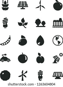 Solid Black Vector Icon Set - saving light bulb vector, drop, cabbage, apple, mint, tangerine, yellow lemon, delicious, peas, solar panel, big, leaves, windmill, wind energy, planet Earth, trees