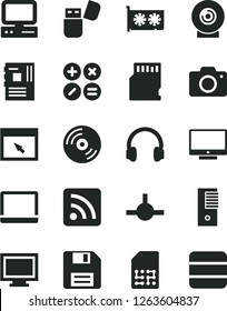 Solid Black Vector Icon Set - floppy disk vector, monitor window, camera, rss feed, CD, screen, math actions, lens, SIM, computer, notebook pc, tower, motherboard, gpu card, usb flash, headphones