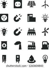 Solid Black Vector Icon Set - power socket type f vector, boiler, electronic, solar panel, gas station, modern, windmill, wind energy, manufacture, oil, industrial building, factory, drop of, bulb