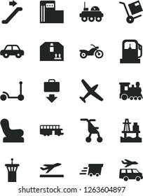 Solid Black Vector Icon Set - Baby chair vector, sitting stroller, motor vehicle, Kick scooter, cardboard box, shipment, sea port, gas station, modern, urgent cargo, lunar rover, plane, train, bus