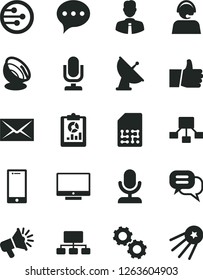 Solid Black Vector Icon Set - desktop microphone vector, envelope, employee, speech, thumb up, screen, smartphone, SIM, statistical overview, scheme, hierarchical, loudspeaker, operator, network