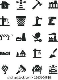 Solid Black Vector Icon Set - wicker pot vector, hook, building trowel, concrete mixer, cordless drill, paint roller, level, road fence, hammer with claw, factory, hydroelectricity, tower crane