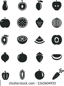 Solid Black Vector Icon Set - strawberry vector, apple, half apricot, tasty, raspberry, rose hip, medlar, water melon, of mango, tangerine, cherry, sweet date fruit, lemon, passion, piece coconut