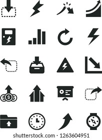 Solid Black Vector Icon Set - lightning vector, danger of electricity, clockwise, negative chart, upload folder, dangers, put in a box, move down, right, left, bar, crisis, wall watch, growth graph