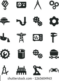 Solid Black Vector Icon Set - hook vector, gears, cogwheel, sewerage, helmet, gear, power pole, industrial factory, pipes, robot welder, calipers, steel production, trolley with coal, three