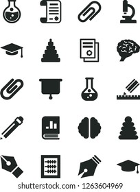 Solid Black Vector Icon Set - clip vector, graphite pencil, new abacus, stacking rings, toy, drawing, round flask, book on statistics, research article, scientific publication, microscope, brain