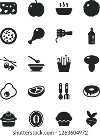 Solid Black Vector Icon Set - measuring bottle for feeding vector, plates and spoons, iron fork, piece of cheese, pizza, noodles, mushroom, cake, muffin, with a hole, hot porridge, chicken leg, beet