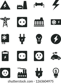 Solid Black Vector Icon Set - lightning vector, danger of electricity, power socket type b, f, bulb, charging battery, hydroelectricity, pole, plug, electric, industrial building, thermal plant, car