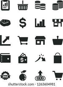 Solid Black Vector Icon Set - paper bag vector, grocery basket, purse, growth chart, negative histogram, kiosk, coins, piece of meat, blueberry, cart, shopping, a crisis, statistical report, sale