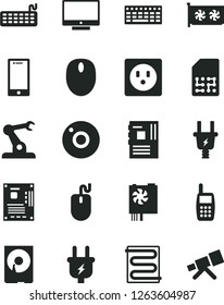 Solid Black Vector Icon Set - camera vector, heating coil, screen, smartphone, plug, electric, socket, assembly robot, SIM, mobile phone, mouse, keyboard, pc power supply, motherboard, gpu card, hdd
