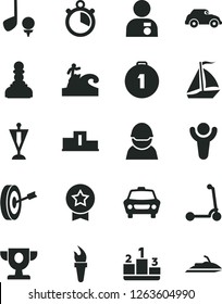 Solid Black Vector Icon Set - child Kick scooter vector, car, pedestal, racer, retro, stopwatch, flame torch, winner, prize, pawn, man with medal, pennant, purpose, first place, star, sail boat