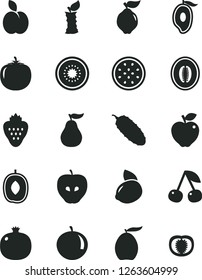 Solid Black Vector Icon Set - cucumber vector, strawberry, apple, cherry, pomegranate, quince, red, tasty, half of mango, loquat, delicious plum, melon, tangerine, yellow lemon, kiwi, passion fruit