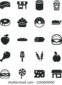 Solid Black Vector Icon Set - kiosk vector, sausage, piece of cheese, loaf, tin, fried vegetables on sticks, big burger, muffin, cake slice, with a hole, glazed, chicken leg, lollipop, cup popcorn