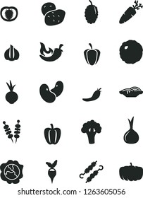 Solid Black Vector Icon Set - fried vegetables on sticks vector, slices of onion, meat skewers, cabbage, chili, beet, carrot, squash, mulberry, half tomato, Bell pepper, ripe, red, garlic, potato