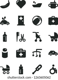 Solid Black Vector Icon Set - first aid kit vector, toys over the cradle, mug for feeding, bottle, measuring, powder, baby stroller, carriage, sitting, electronic thermometer e, bath ball, heart