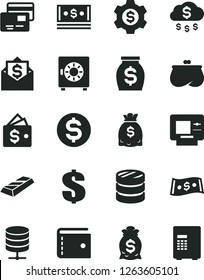 Solid Black Vector Icon Set - purse vector, dollar, big data server, strongbox, cards, column of coins, money, dollars, cash, gold bar, rain, bag, gear, wallet, mail, atm, safe